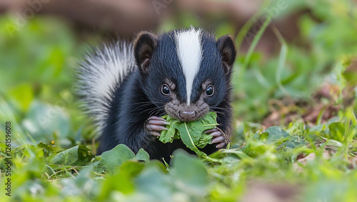 Adorable black and white skunk enjoys a leafy meal with its fluffy tail showing, foraging in green grass