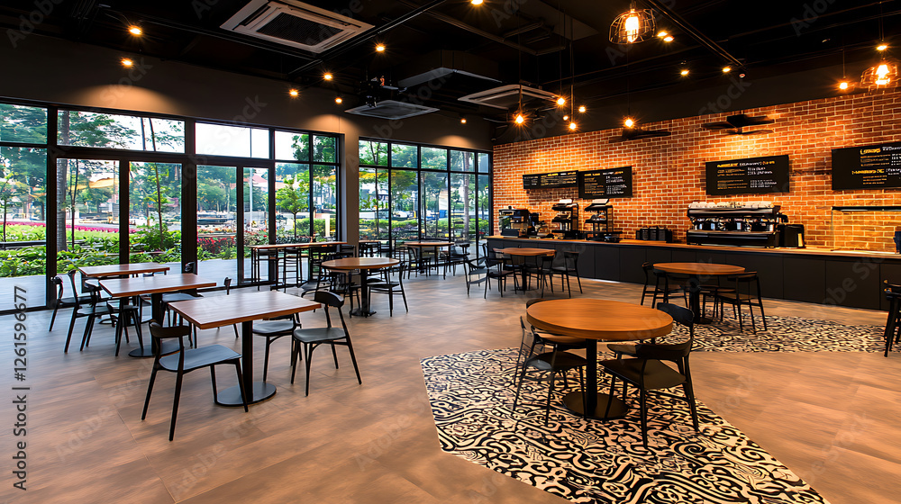 Fototapeta premium Contemporary Cafe Interior With Brick Walls and Tables in a Modern Setting Sunlight Streaming In