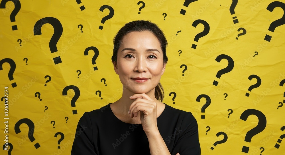 Thoughtful woman surrounded by question marks on yellow crumpled Thoughtful woman surrounded by question marks on yellow crumpled