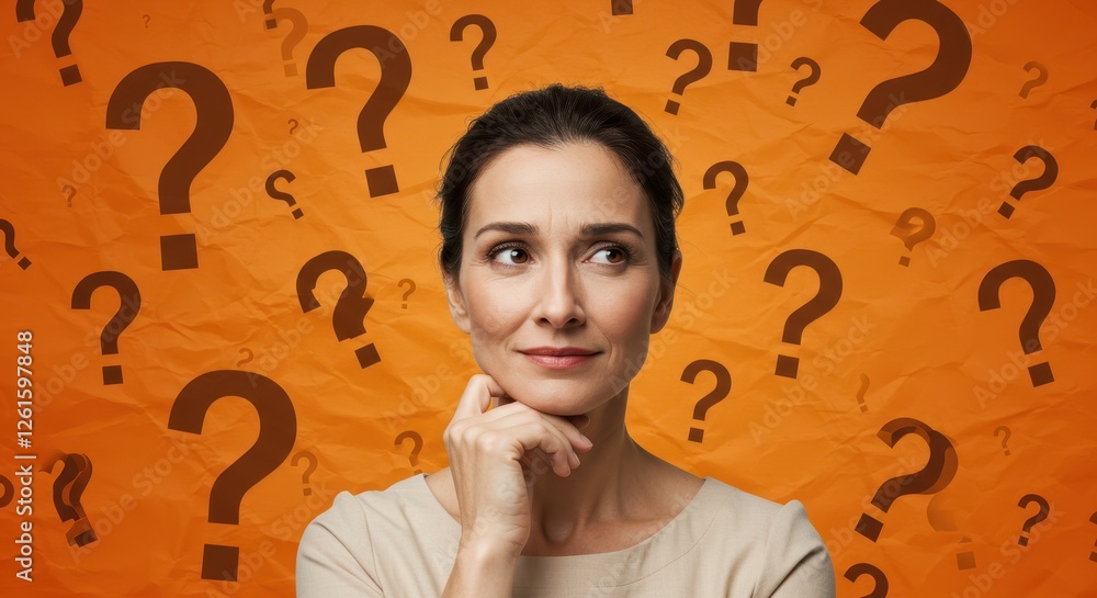 Thoughtful woman surrounded by question marks on orange crumpled Thoughtful woman surrounded by question marks on orange crumpled