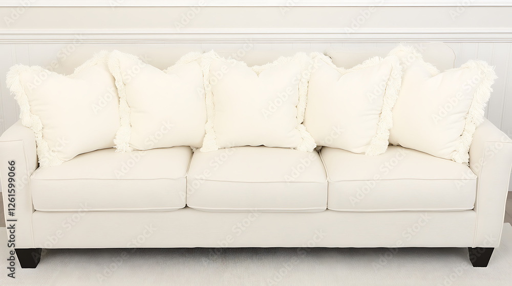 Obraz premium Cream Sofa with Fringe Pillows in Neutral Modern Interior Home Setting Luxury Decorative Cushions