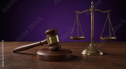 Gavel and law, scales on isolated background, justice concept photo