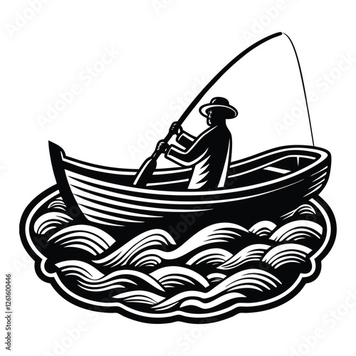 "Silhouette of a fisherman in a boat, casting a line over calm waters, with gentle ripples and a serene sky evoking peace, nature, and the joy of fishing."