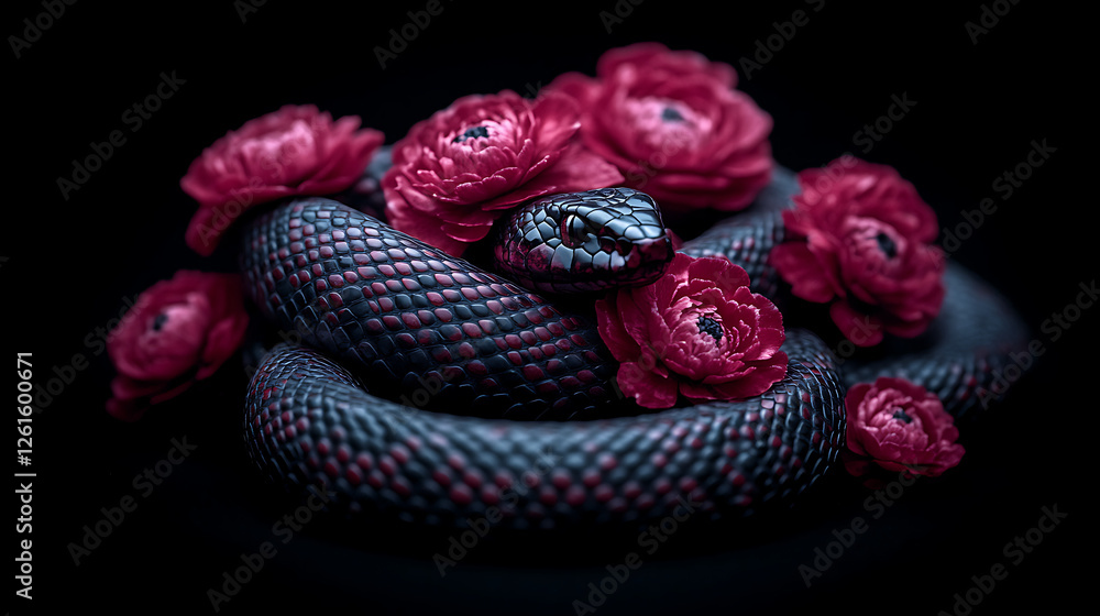 Crimson Snake Coiled Amongst Rosy Blooms Dark Fantasy Composition Delicate Yet Dangerous Crimson Snake Coiled Amongst Rosy Blooms Dark Fantasy Composition Delicate Yet Dangerous