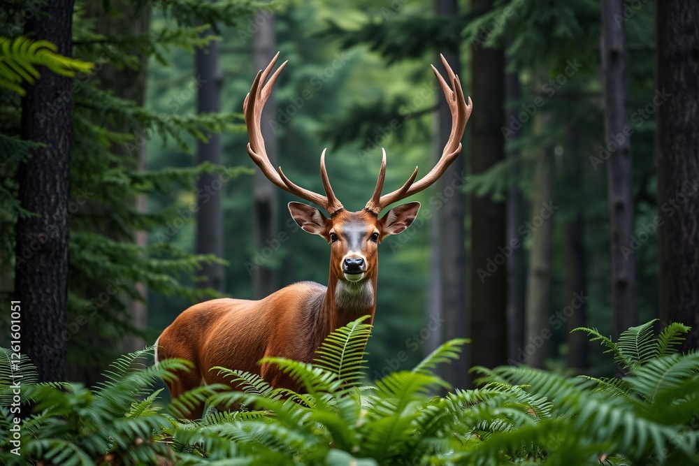 A majestic deer with large antlers standing in the midst of a lush green forest, surrounded by vibrant ferns and trees A majestic deer with large antlers standing in the midst of a lush green forest, surrounded by vibrant ferns and trees