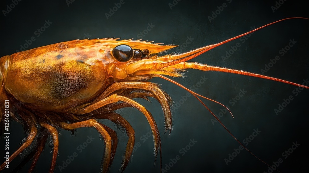 Detailed Close-Up of an Orange Shrimp with Sharp Antennae and Eyes Detailed Close-Up of an Orange Shrimp with Sharp Antennae and Eyes