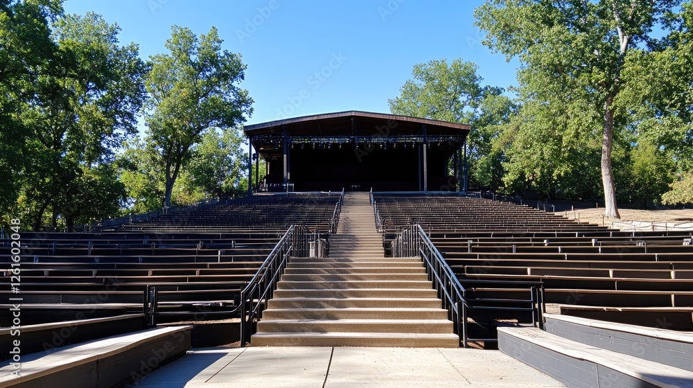 A stadium-style staircase in an outdoor amphitheater with an empty stage. A stadium-style staircase in an outdoor amphitheater with an empty stage.