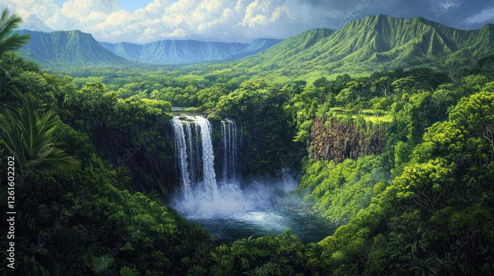 Fototapeta premium Lush Waterfall in Tropical Valley, Dramatic Mountains Background, Nature Scene, Travel Poster