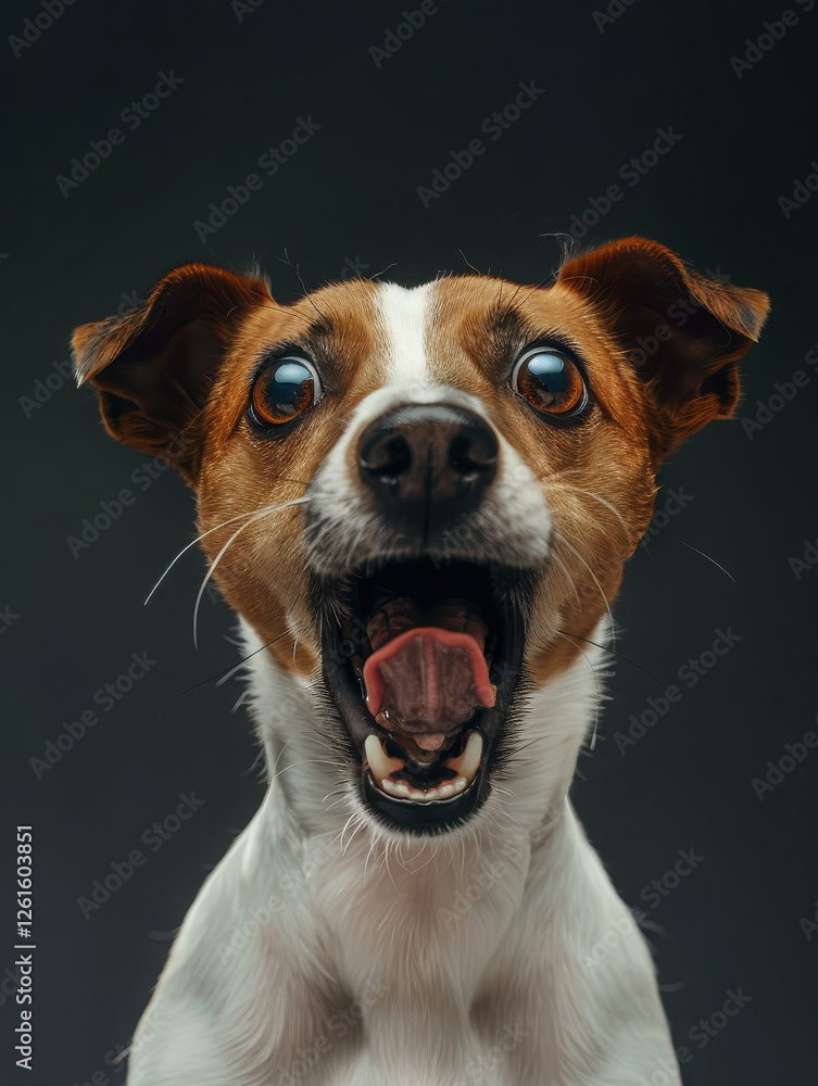 A joyful dog with an open mouth, expressing excitement or happiness against a dark background. A joyful dog with an open mouth, expressing excitement or happiness against a dark background.