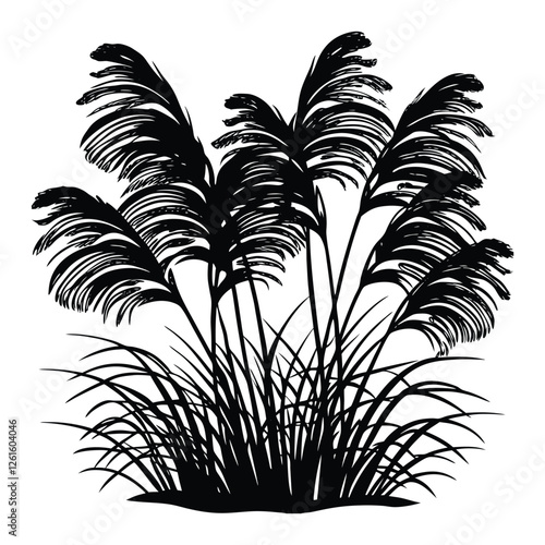 A graceful pampas grass silhouette sways gently, its feathery plumes standing tall against the sky, creating a serene and elegant natural scene.