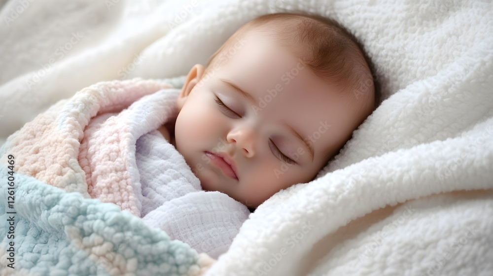 Infant lies sleeping wrapped securely in soft blankets Infant lies sleeping wrapped securely in soft blankets