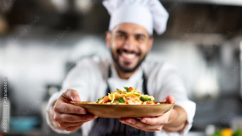 Smiling Chef Holding a Dish in Professional Kitchen – Culinary Excellence Smiling Chef Holding a Dish in Professional Kitchen – Culinary Excellence