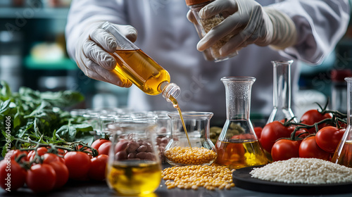 close-up of a food safety experiment using test tubes and beakers, with various vegetables like tomatoes and beans being added to the glassware for equipment maintenance in a laboratory photo