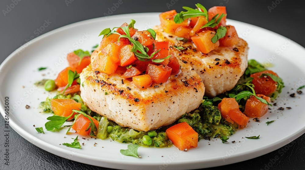 A plate of grilled fish topped with fresh tomato salsa, served on a bed of greens, showcasing vibrant colors and appealing presentation. A plate of grilled fish topped with fresh tomato salsa, served on a bed of greens, showcasing vibrant colors and appealing presentation.