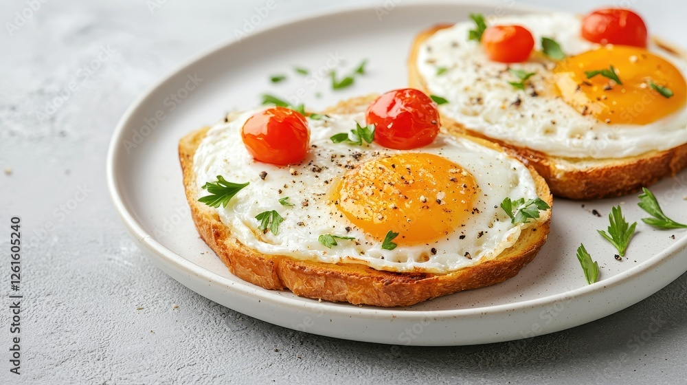 A plate with toasted bread topped with sunny-side-up eggs, cherry tomatoes, and sprinkled herbs, creating a colorful and appetizing breakfast dish. A plate with toasted bread topped with sunny-side-up eggs, cherry tomatoes, and sprinkled herbs, creating a colorful and appetizing breakfast dish.