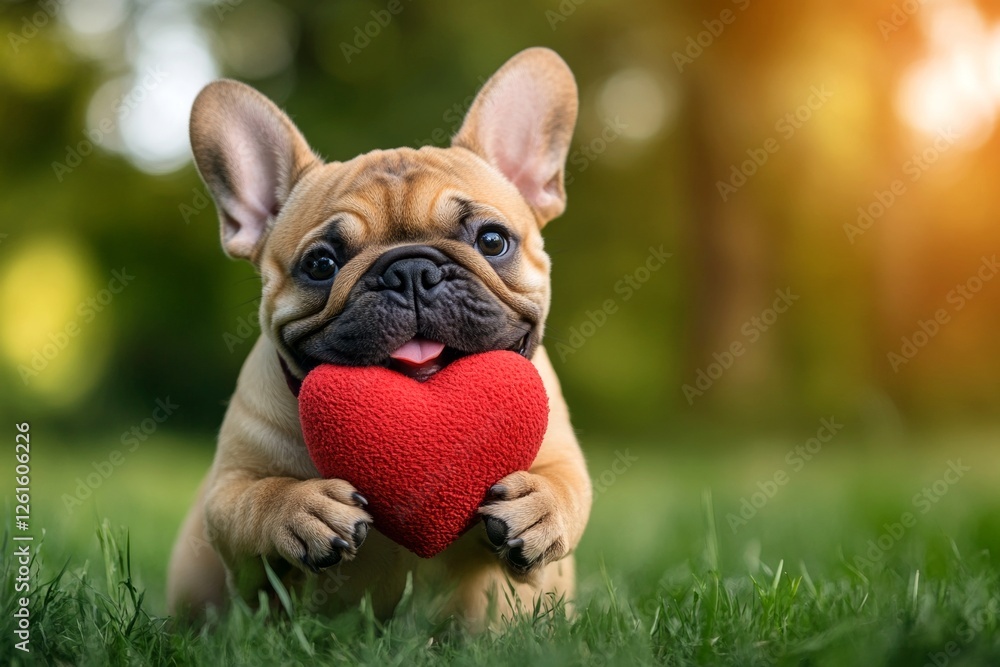 Bulldog - my preferred dog, symbol of friendship. Ad campaign critter conceptual art. Cute bulldog hound with domestic animal toy red heart on a walk in a spring garden. Cute dog love card. Bulldog - my preferred dog, symbol of friendship. Ad campaign critter conceptual art. Cute bulldog hound with domestic animal toy red heart on a walk in a spring garden. Cute dog love card.
