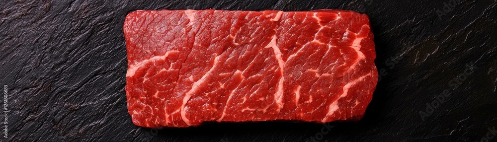 A vibrant piece of raw marbled beef, showcasing rich red color and fine fat patterns, resting on a dark surface. A vibrant piece of raw marbled beef, showcasing rich red color and fine fat patterns, resting on a dark surface.