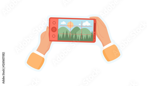 Sticker of hand holding phone. A person holds a smartphone with a visible screen. The mobile device displays an app for sharing photos, taking pictures, and online interaction, featuring cute