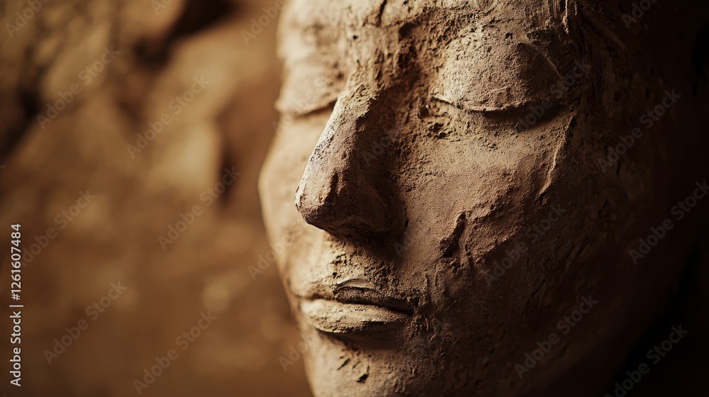 Ancient sculpted head emerging from clay, symbolizing humanity's earliest artistic expression. Ancient sculpted head emerging from clay, symbolizing humanity's earliest artistic expression.