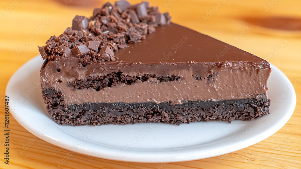 Decadent Slice of Chocolate Layered Cake Delight on White Plate Wooden Table Background Tasty Dessert Decadent Slice of Chocolate Layered Cake Delight on White Plate Wooden Table Background Tasty Dessert