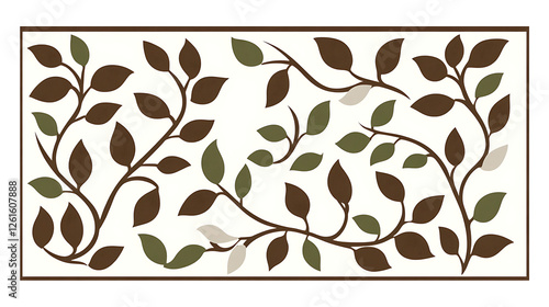 Decorative Leaves Pattern with Brown Vines and Green Accents on White Background Framed Rectangular Art
