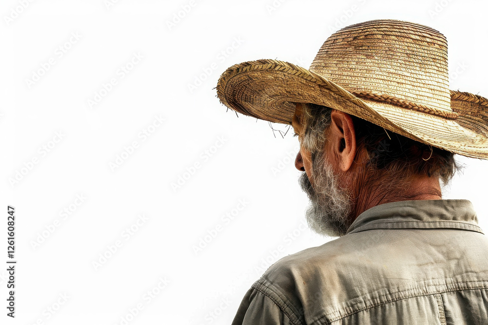 Obraz premium A man with a straw hat and beard, gazing away, against a plain background.