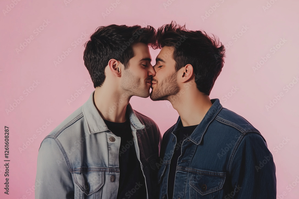 Affectionate couple of men in love about to kiss, isolated on pink background valentines day Affectionate couple of men in love about to kiss, isolated on pink background valentines day