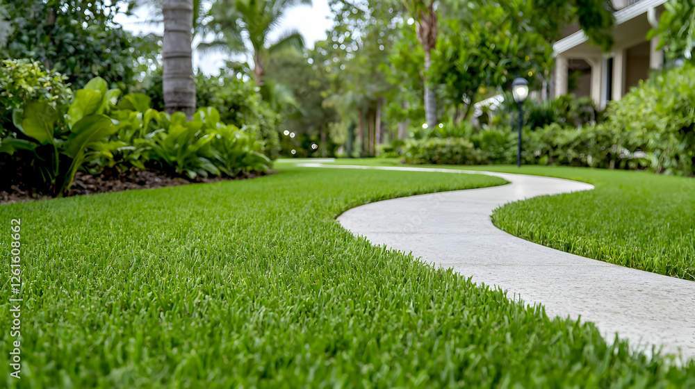 Winding pathway through lush artificial turf lawn, houses in background, ideal for real estate Winding pathway through lush artificial turf lawn, houses in background, ideal for real estate