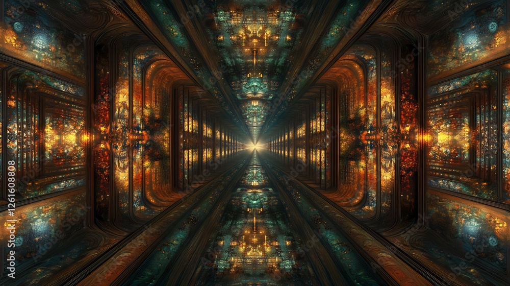 Symmetrical glowing corridor radiates warmth rich jewel tones create mesmerizing digital art. AI Generated Symmetrical glowing corridor radiates warmth rich jewel tones create mesmerizing digital art. AI Generated