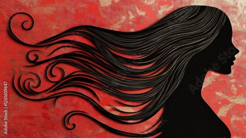 Elegant Silhouette of a Woman with Flowing Hair, Paper Art