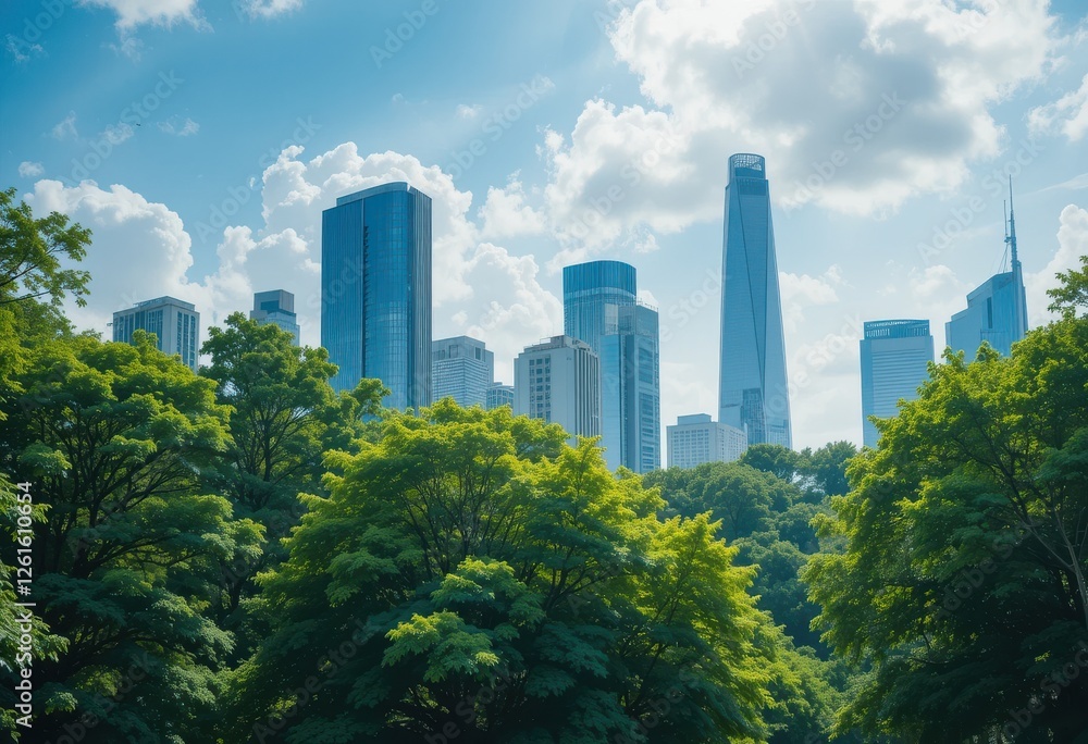 Urban skyscrapers surrounded by lush greenery downtown cityscape photography vibrant atmosphere eye-level perspective Urban skyscrapers surrounded by lush greenery downtown cityscape photography vibrant atmosphere eye-level perspective