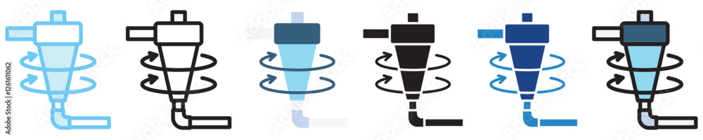 Hydrocyclone multi-style icon, outline, flat, glyph, dual tone, line color, UI, UX kit, app and web development, digital or print. For industry, education, ecology, environment, water treatment theme. Hydrocyclone multi-style icon, outline, flat, glyph, dual tone, line color, UI, UX kit, app and web development, digital or print. For industry, education, ecology, environment, water treatment theme.
