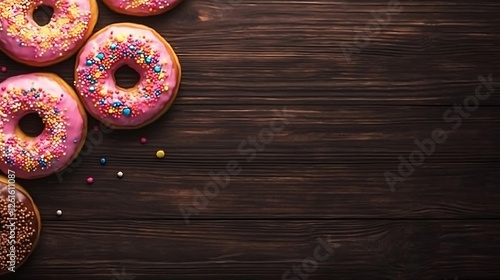 Delicious Assortment of Donuts on a Wooden Surface Sweet Treats for Dessert Display of Confectionery photo