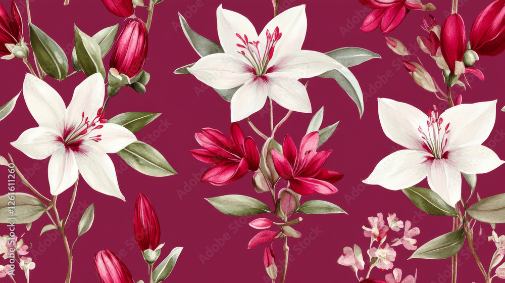 Seamless floral pattern with white lilies and red flowers on maroon background Seamless floral pattern with white lilies and red flowers on maroon background