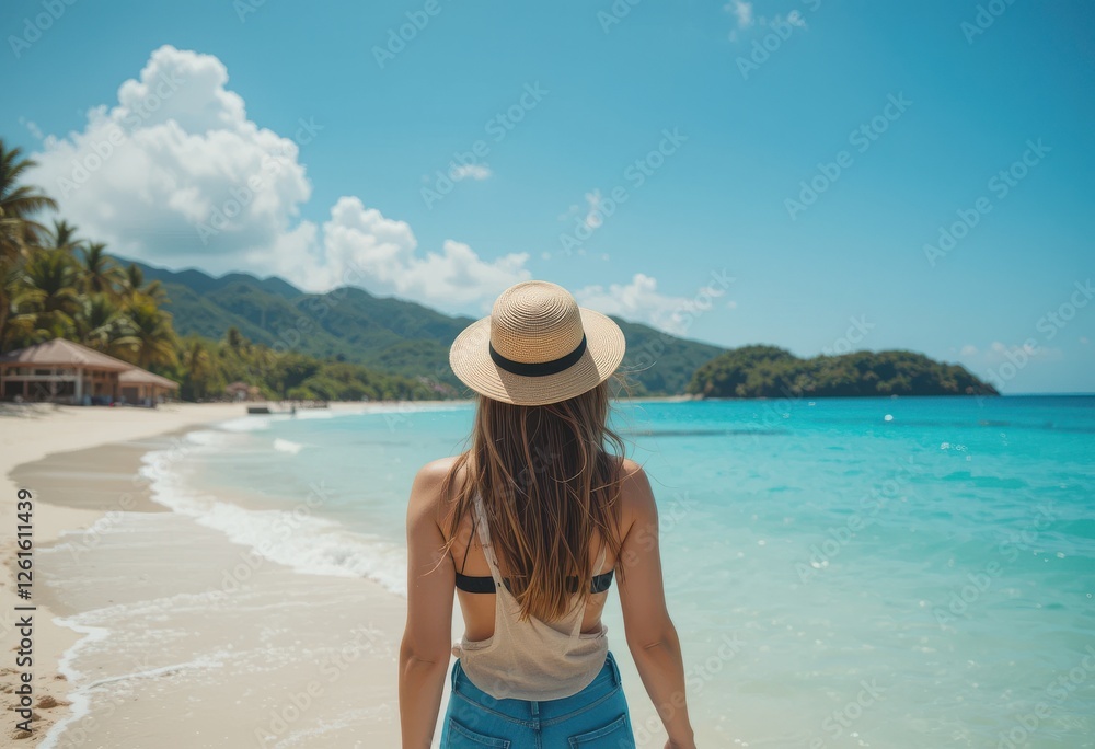 Relaxing beach day woman enjoying the sun tropical paradise photography coastal environment back view serenity and peace Relaxing beach day woman enjoying the sun tropical paradise photography coastal environment back view serenity and peace