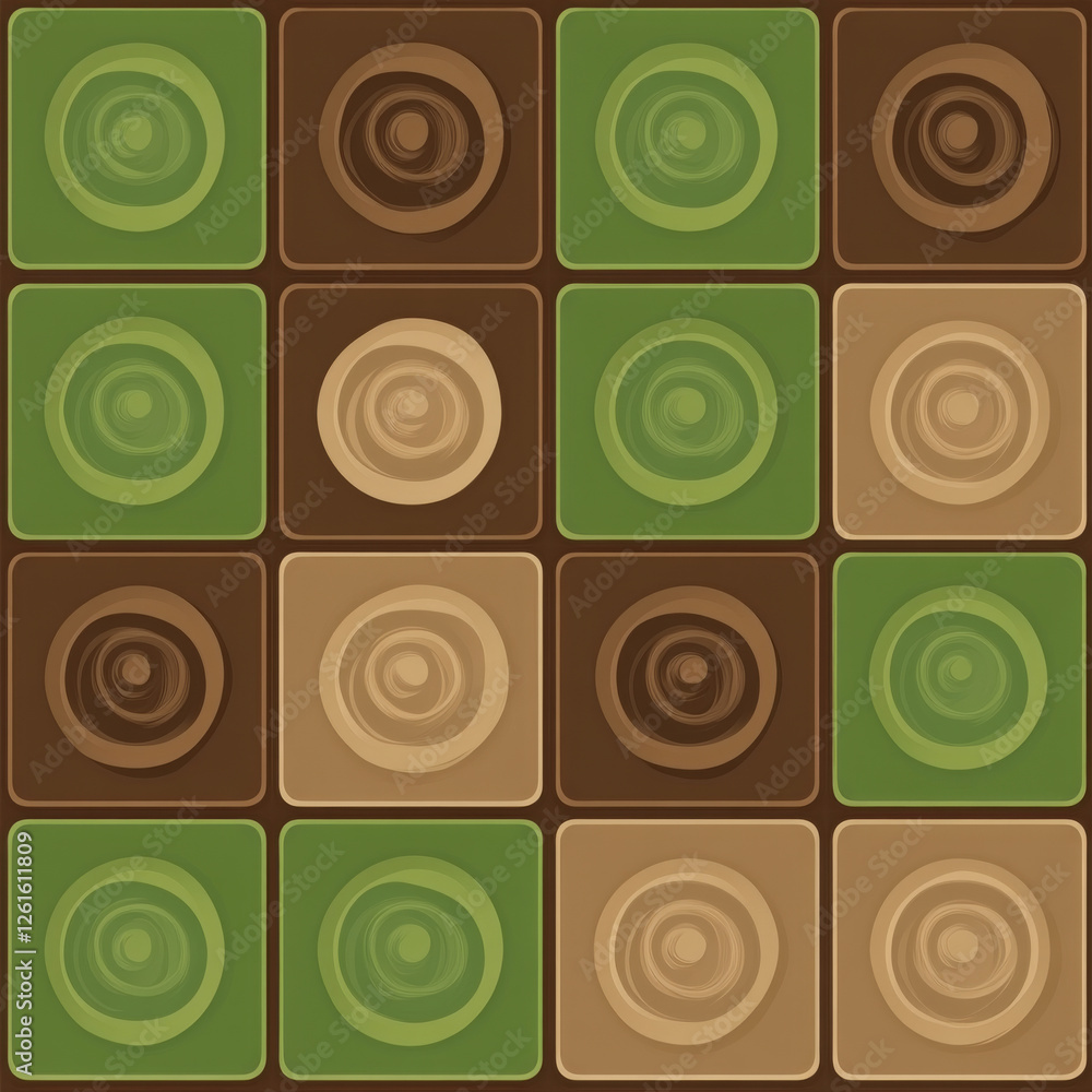 Seamless retro pattern with green and brown circular designs Seamless retro pattern with green and brown circular designs