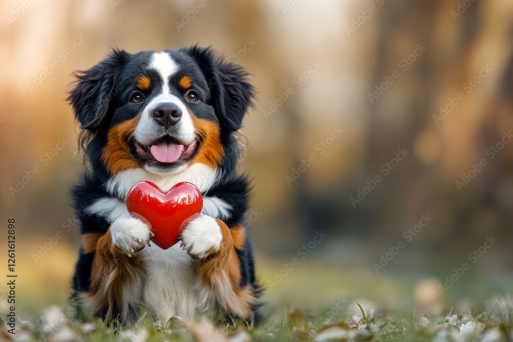 Commercial domestic animal visual idea. Bernese mountain dog - my treasured dog, symbol of friendship. Cute bernese mountain dog hound with diamond red heart on a walk in a spring garden. Commercial domestic animal visual idea. Bernese mountain dog - my treasured dog, symbol of friendship. Cute bernese mountain dog hound with diamond red heart on a walk in a spring garden.