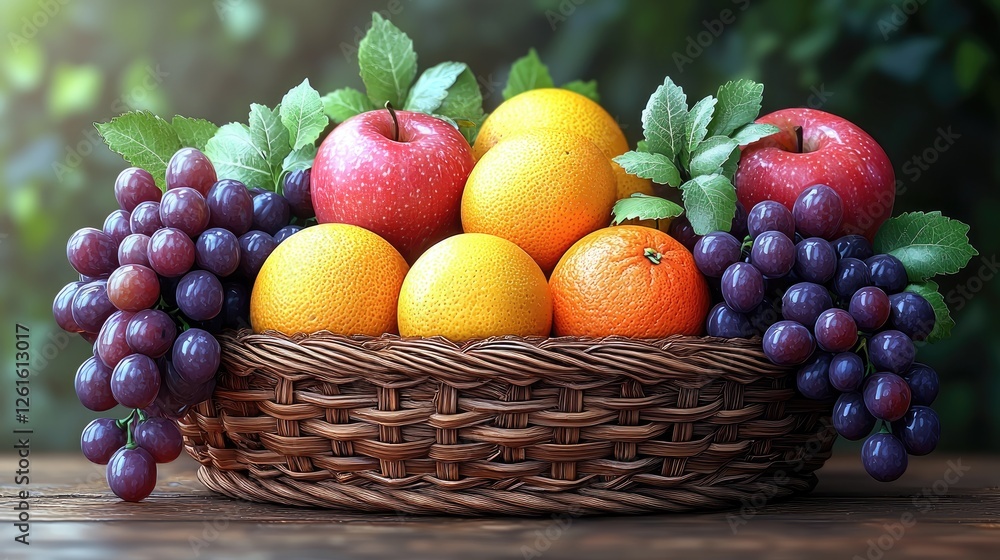 Freshly harvested apples, oranges, and grapes arranged in a woven basket on a wooden table outdoors Freshly harvested apples, oranges, and grapes arranged in a woven basket on a wooden table outdoors