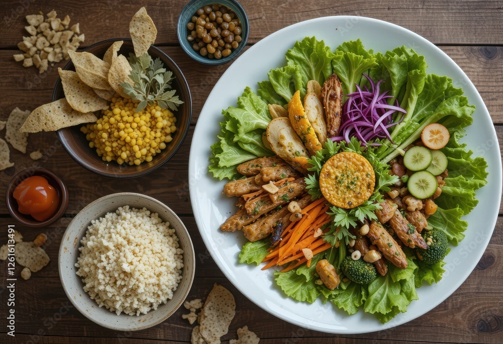 Healthy gourmet salad creation kitchen food photography rustic atmosphere aerial view culinary art Healthy gourmet salad creation kitchen food photography rustic atmosphere aerial view culinary art