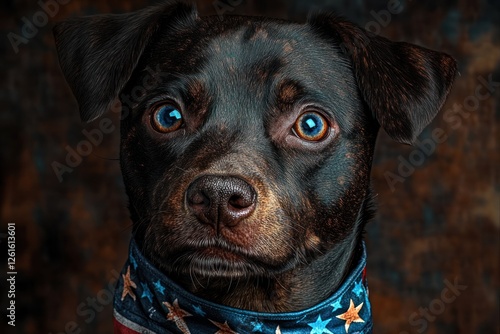 Patriotic dog wearing American flag bandana photo