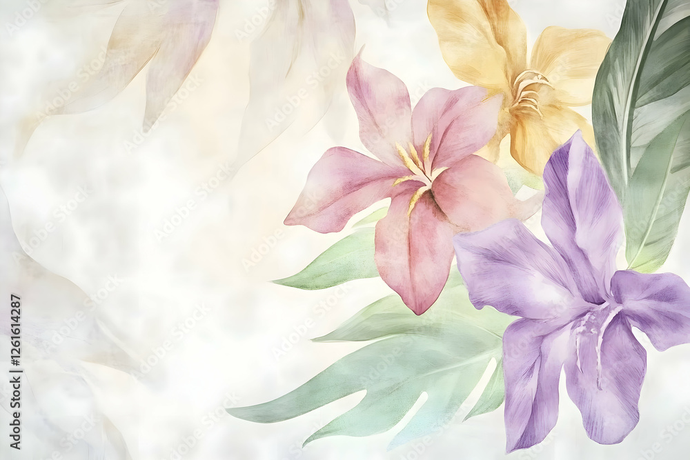 flower background painted in soft watercolor, featuring an elegant arrangement of vibrant flowers and leaves flower background painted in soft watercolor, featuring an elegant arrangement of vibrant flowers and leaves