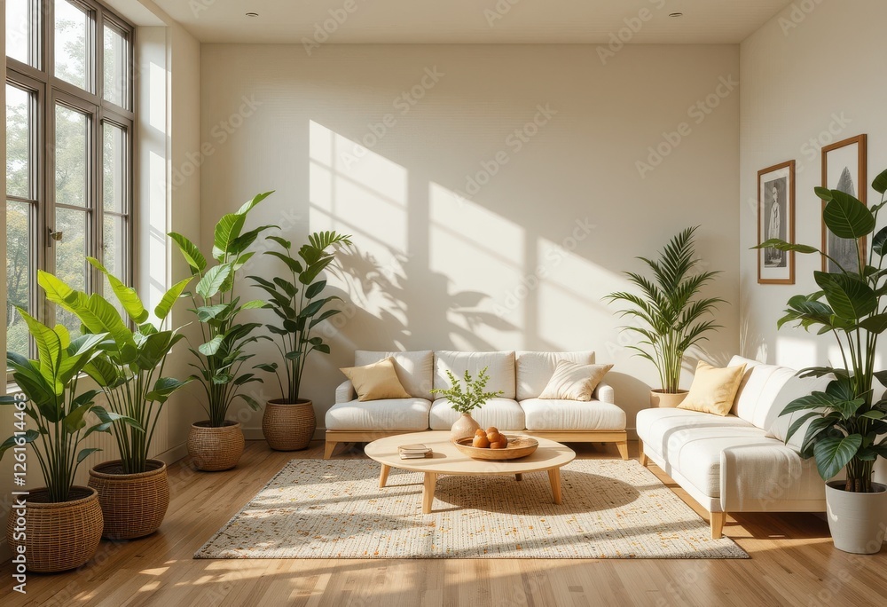 Fototapeta premium Bright indoor living room with lush green plants modern decor cozy ambiance sunlit environment peaceful viewpoint