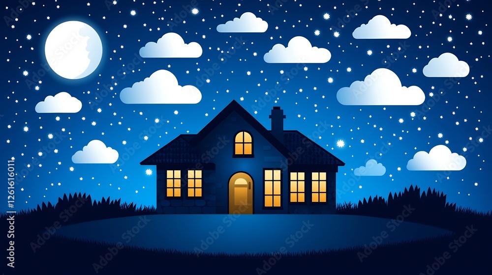 Naklejka premium Serene Night House Warmly Lit Under Starry Sky. AI Generated