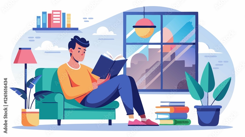 Fototapeta premium A tranquil scene, captured in stunning 4K, showcasing the calming influence of reading, as a man relaxes with a magazine in his living room.