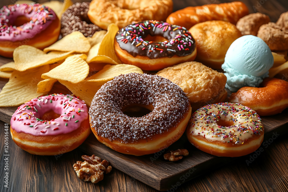 custom made wallpaper toronto digitalAssorted Doughnuts Chips And Ice Cream On Wooden Board