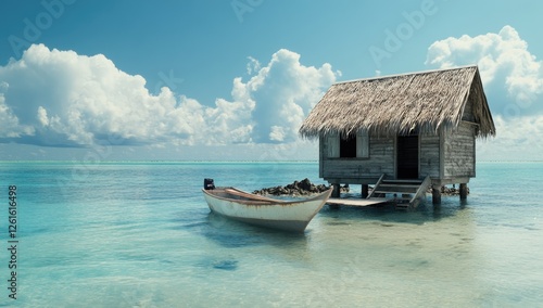 Tropical hut overwater, boat moored, idyllic beach scene