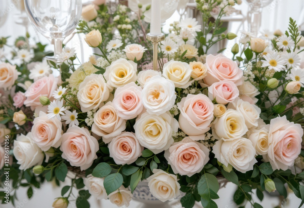 Obraz premium Elegant floral arrangement event venue photography indoor setting close-up view wedding decor inspiration