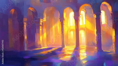 Golden sunlight illuminates ancient arches creating a serene mystical ambiance. AI Generated