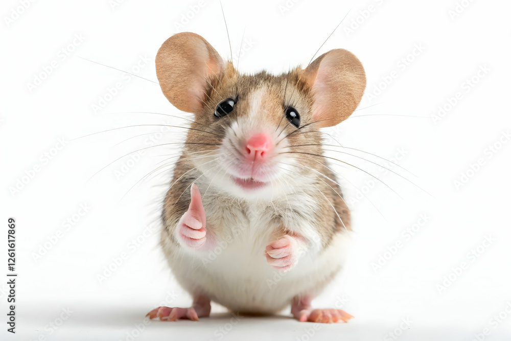 A small brown and white ugly rat giving a thumbs up like gesture while standing on its hind legs against a white backdrop A small brown and white ugly rat giving a thumbs up like gesture while standing on its hind legs against a white backdrop