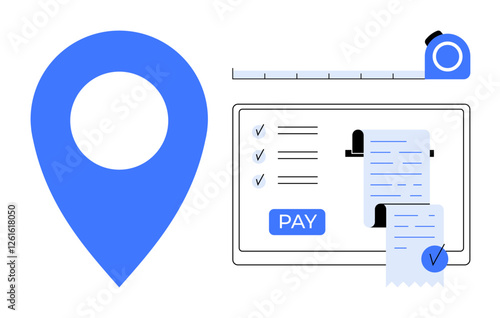 Location pin, measuring tape above tablet showing checklist, receipt, and pay button. Ideal for business logistics, e-commerce transactions, online payments, order tracking, digital receipts project